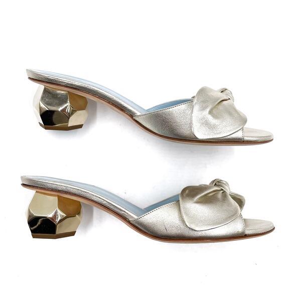 Frances Valentine Bottie Bow Heels Gold Sandals Geodome Slide Leather Sz 7 - Picture 7 of 12